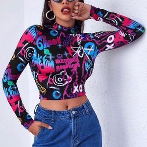 Shein Mock neck long sleeve Graphic T-Shirt Size XL Cropped tee.